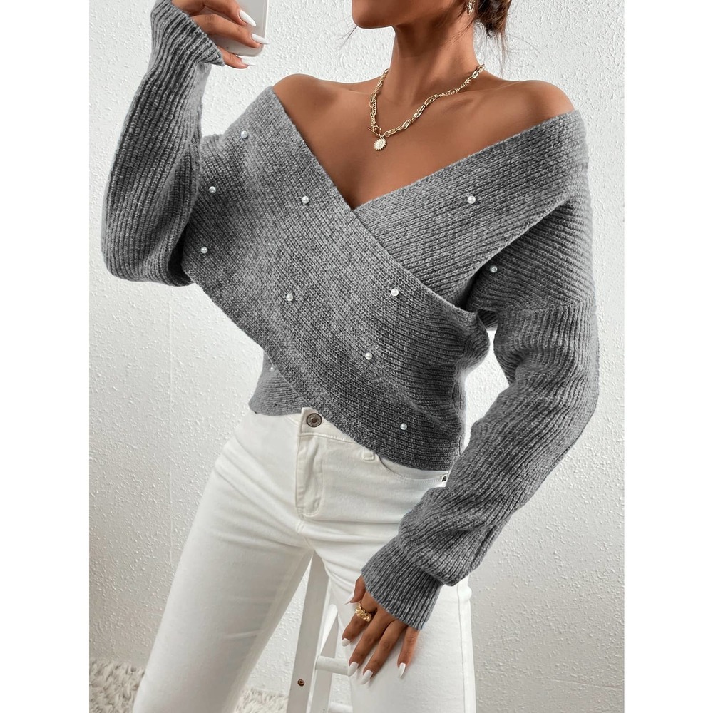 Pearl Beaded Drop Shoulder Cross Wrap Sweater gray - Picture 3 of 4